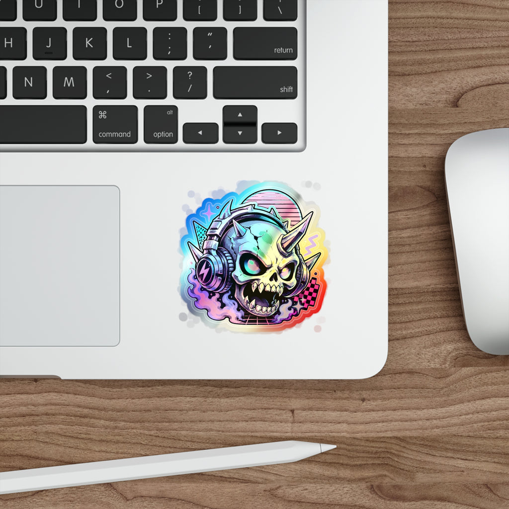 Neon Headphone Skull | Holographic Die-Cut Sticker