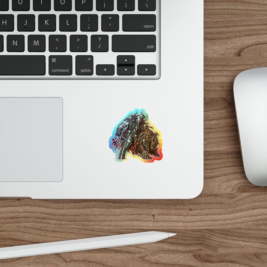 Holographic Demon Warrior Die-Cut Sticker — Shiny Metal Fantasy Skull Design for Skateboards & Laptops