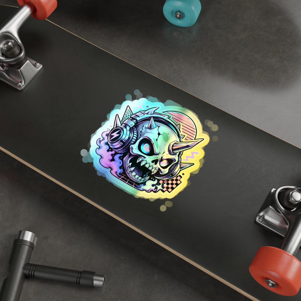 Neon Headphone Skull | Holographic Die-Cut Sticker
