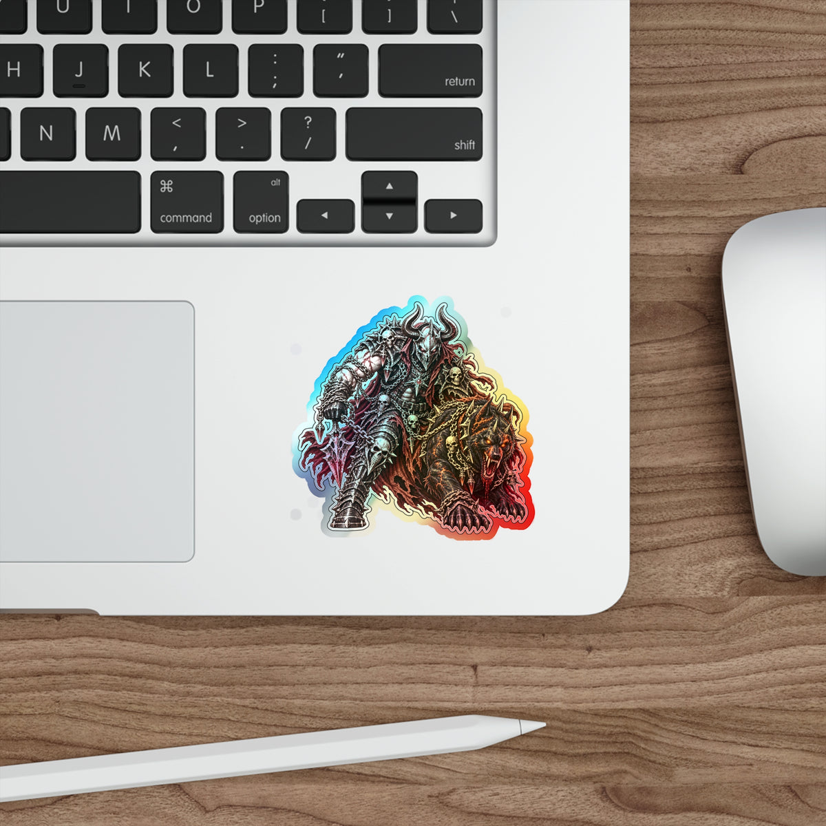 Holographic Demon Warrior Die-Cut Sticker — Shiny Metal Fantasy Skull Design for Skateboards & Laptops