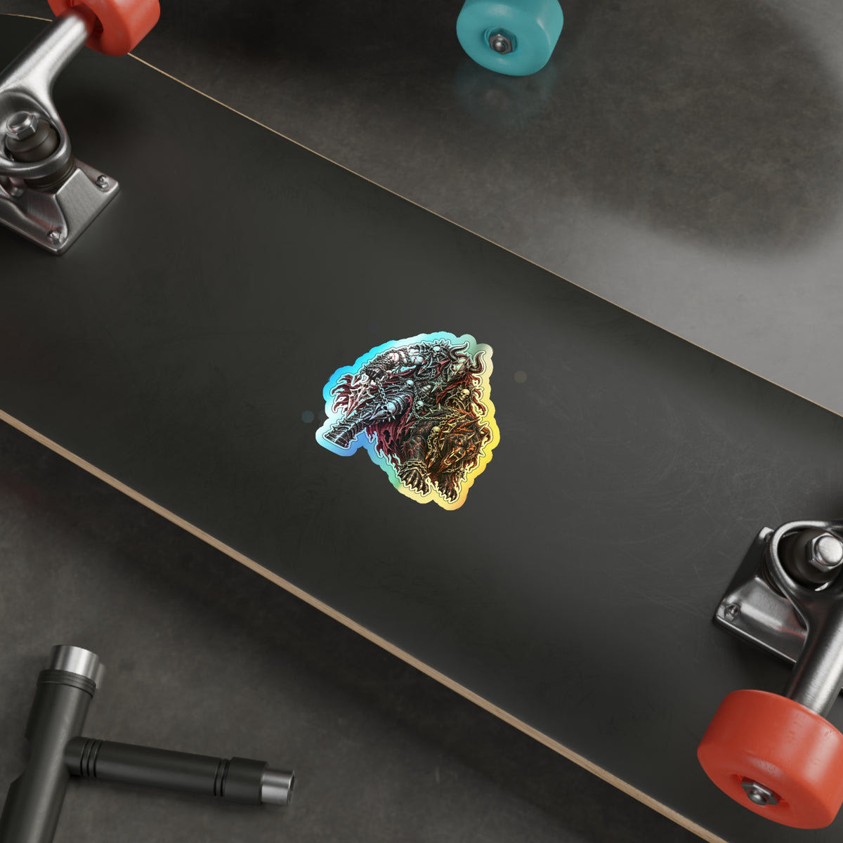 Holographic Demon Warrior Die-Cut Sticker — Shiny Metal Fantasy Skull Design for Skateboards & Laptops