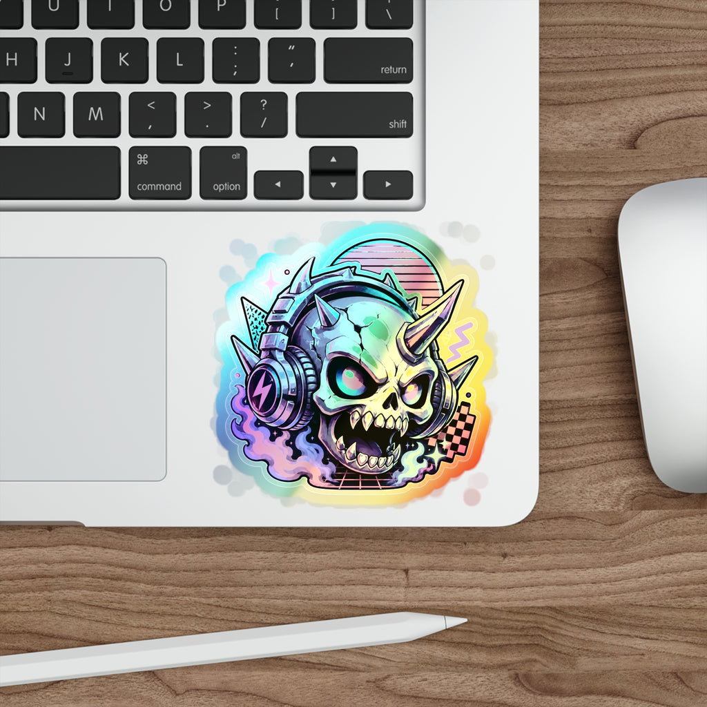 Neon Headphone Skull | Holographic Die-Cut Sticker