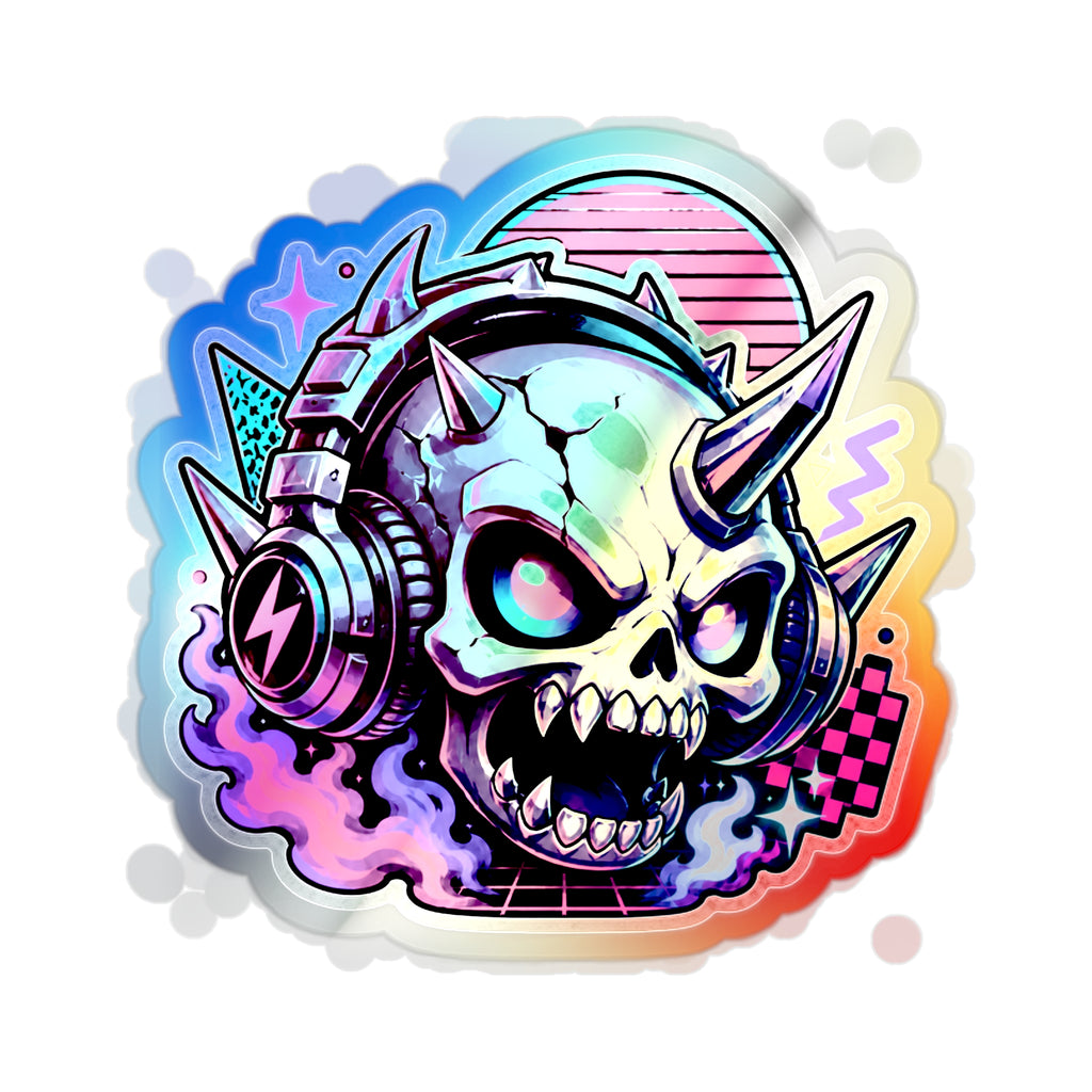 Neon Headphone Skull | Holographic Die-Cut Sticker