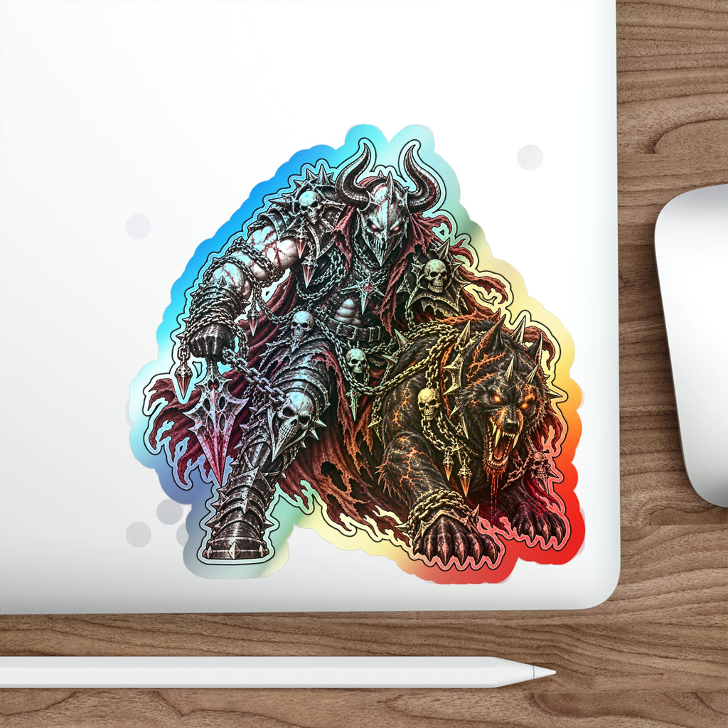 Holographic Demon Warrior Die-Cut Sticker — Shiny Metal Fantasy Skull Design for Skateboards & Laptops
