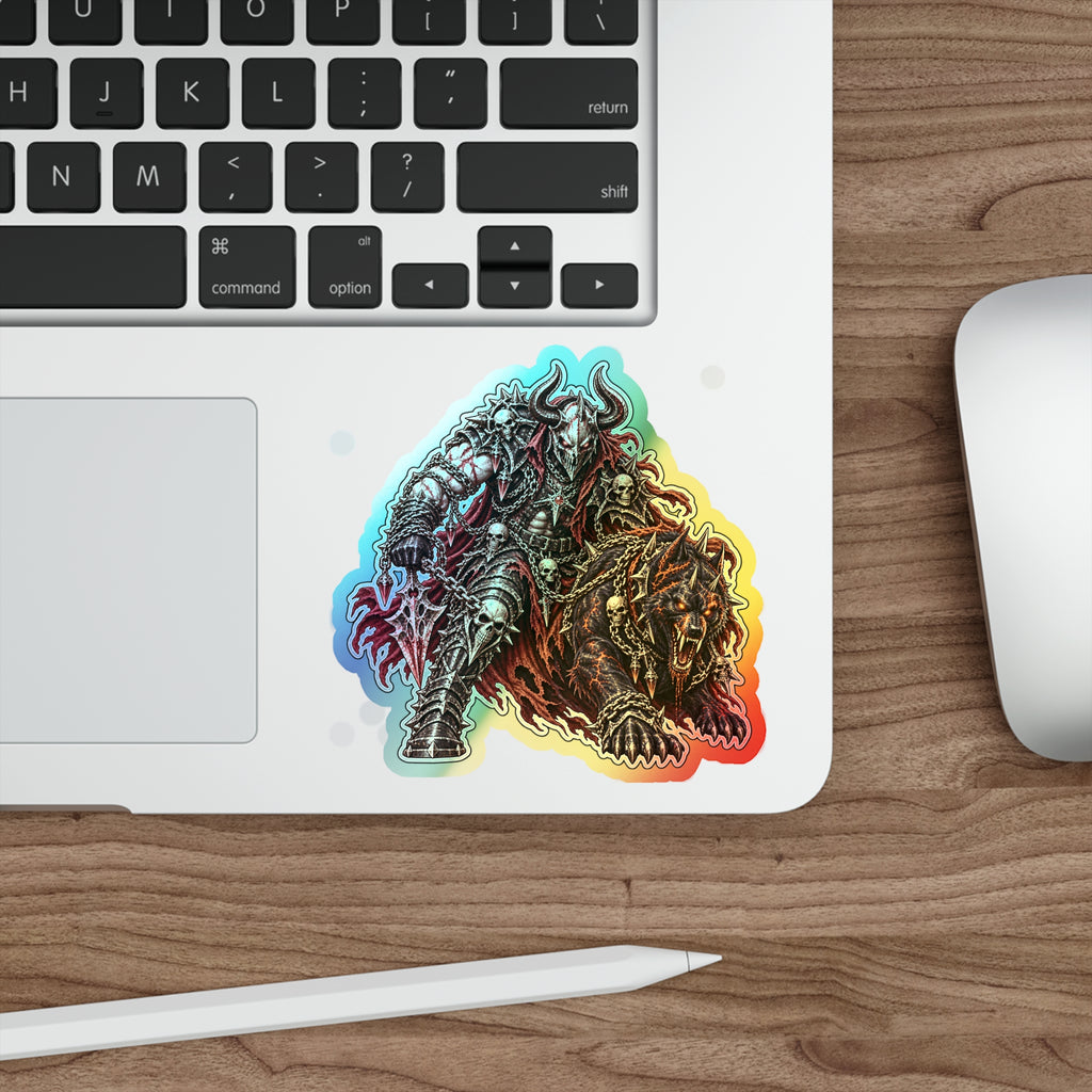 Holographic Demon Warrior Die-Cut Sticker — Shiny Metal Fantasy Skull Design for Skateboards & Laptops
