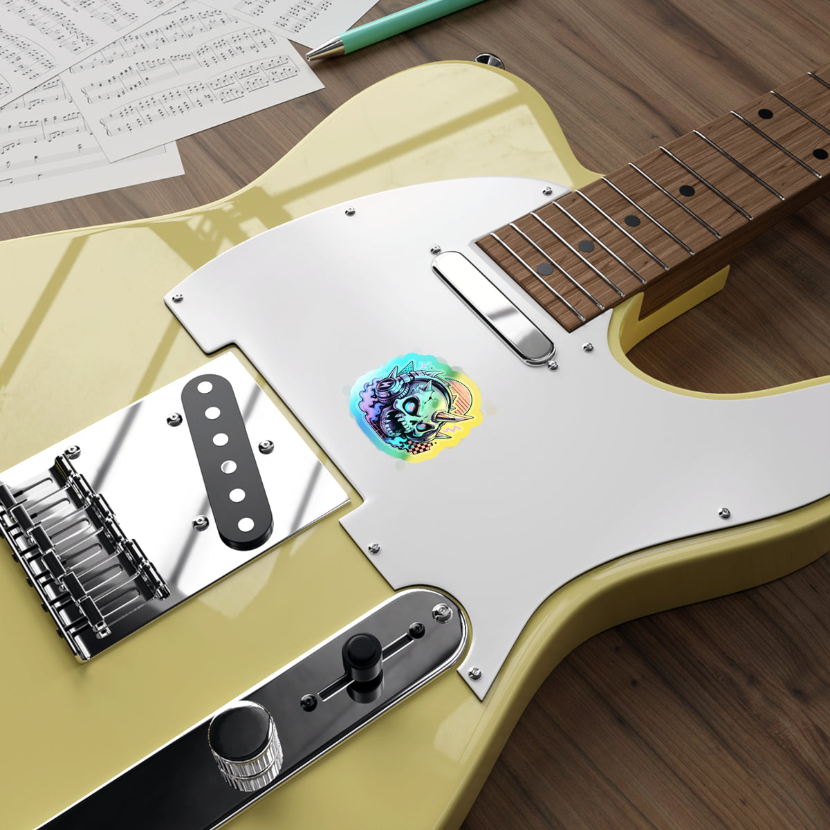 Neon Headphone Skull | Holographic Die-Cut Sticker