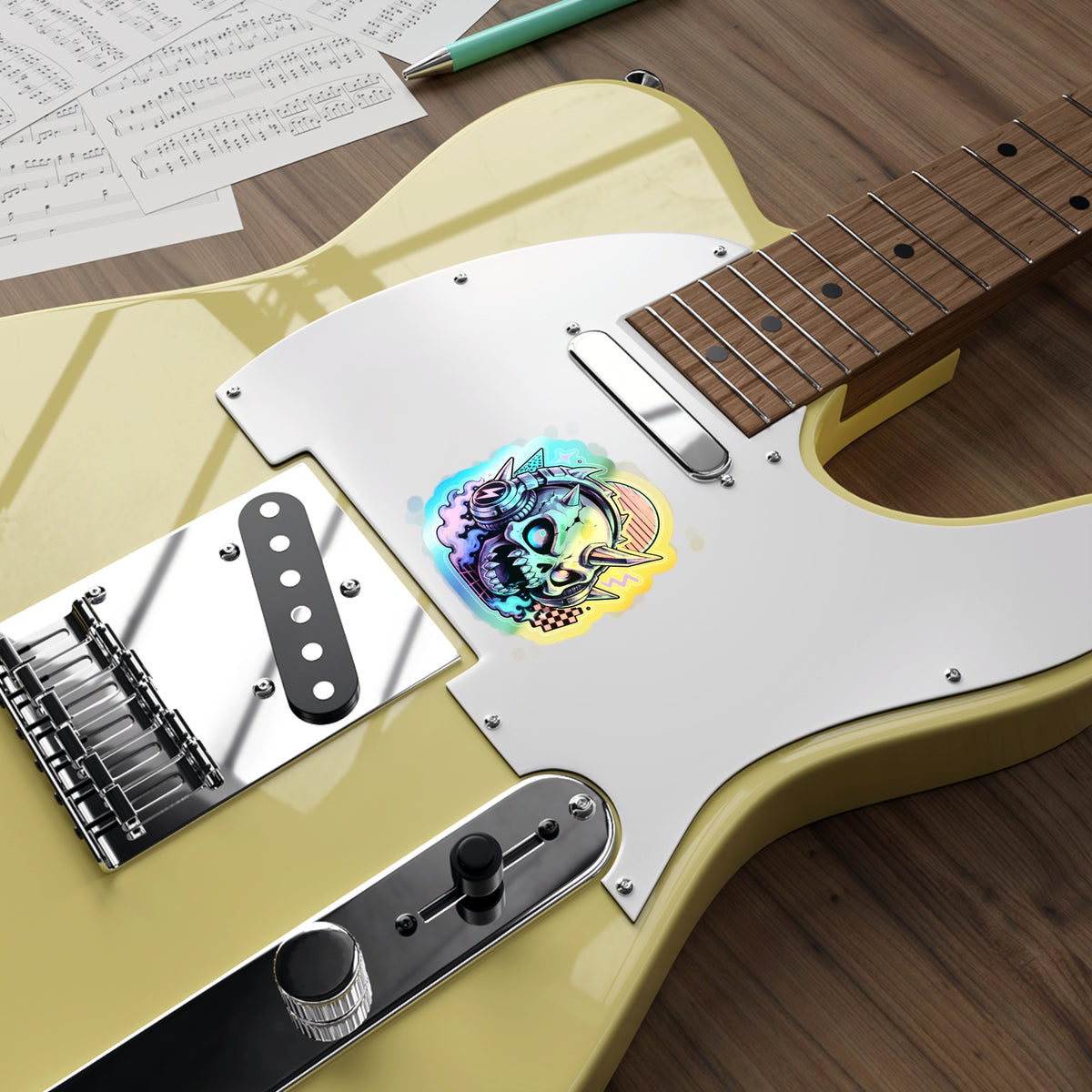 Neon Headphone Skull | Holographic Die-Cut Sticker