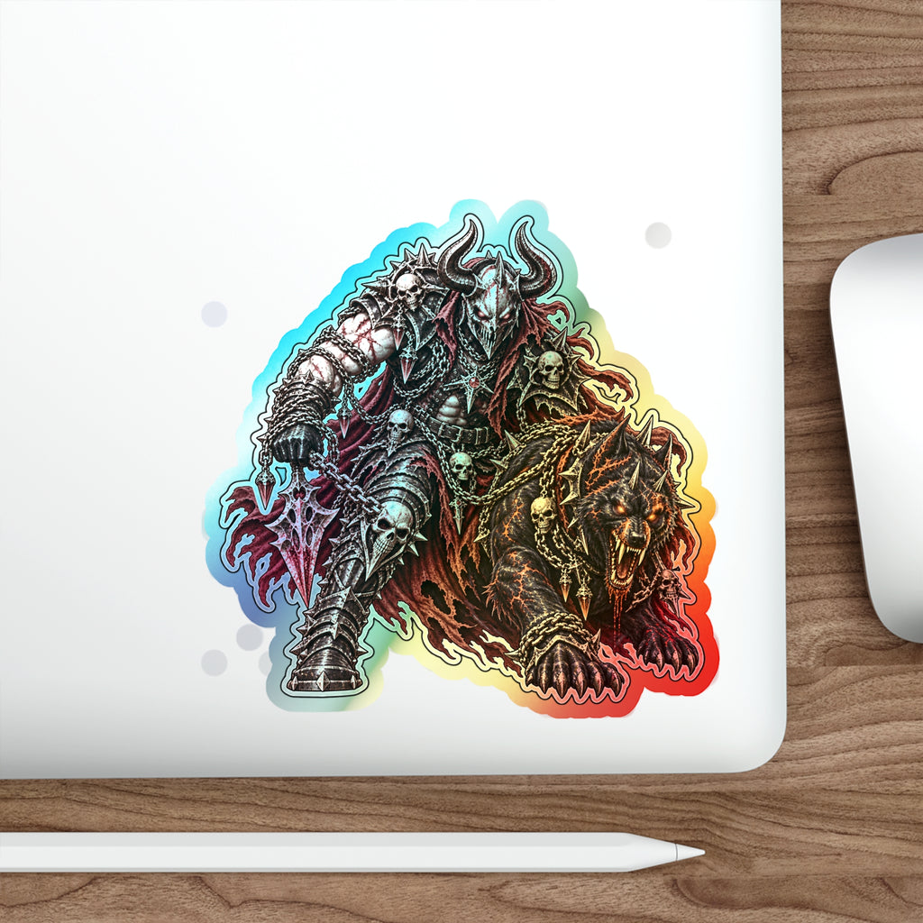 Holographic Demon Warrior Die-Cut Sticker — Shiny Metal Fantasy Skull Design for Skateboards & Laptops