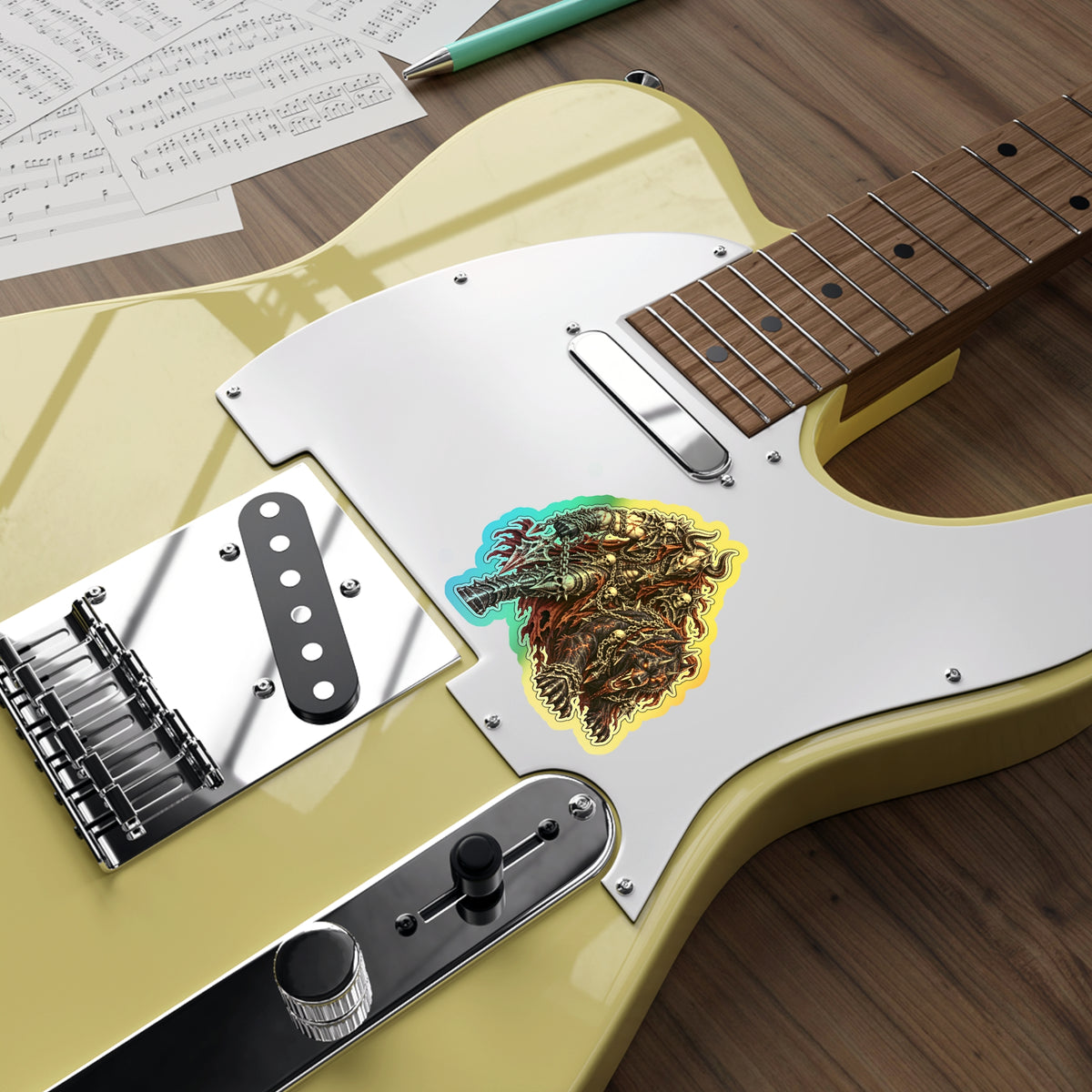 Holographic Demon Warrior Die-Cut Sticker — Shiny Metal Fantasy Skull Design for Skateboards & Laptops