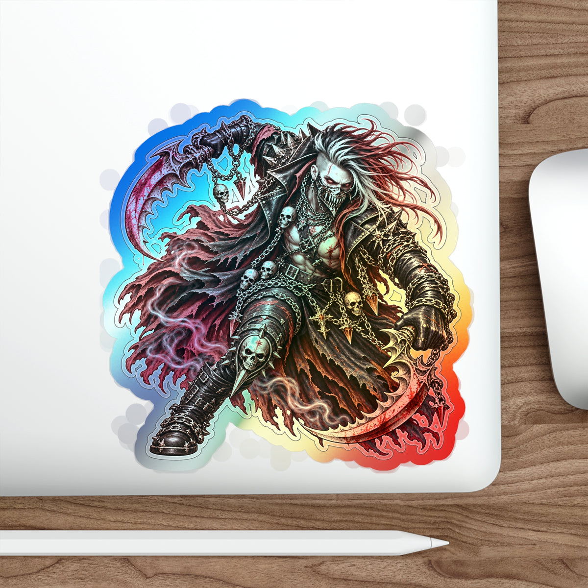 Holographic Reaper Die-Cut Sticker — Gothic Metal Skull Design