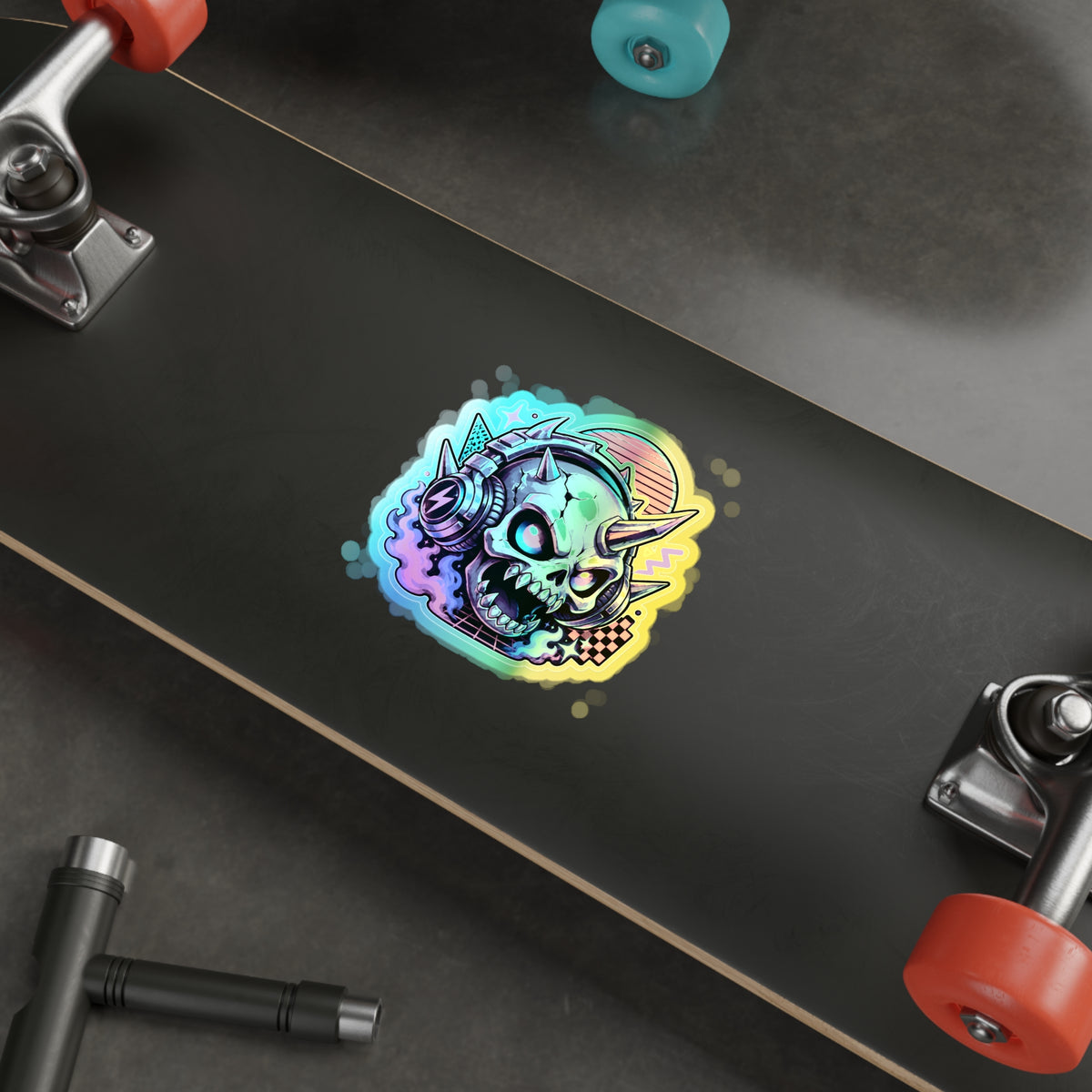 Neon Headphone Skull | Holographic Die-Cut Sticker