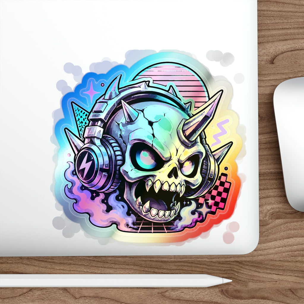 Neon Headphone Skull | Holographic Die-Cut Sticker