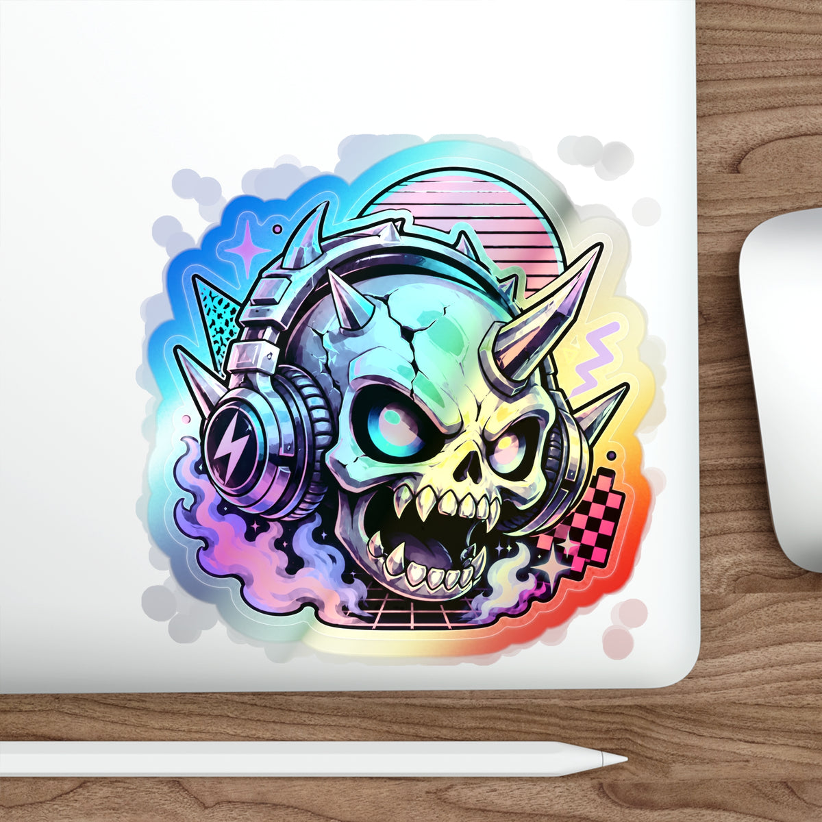 Neon Headphone Skull | Holographic Die-Cut Sticker
