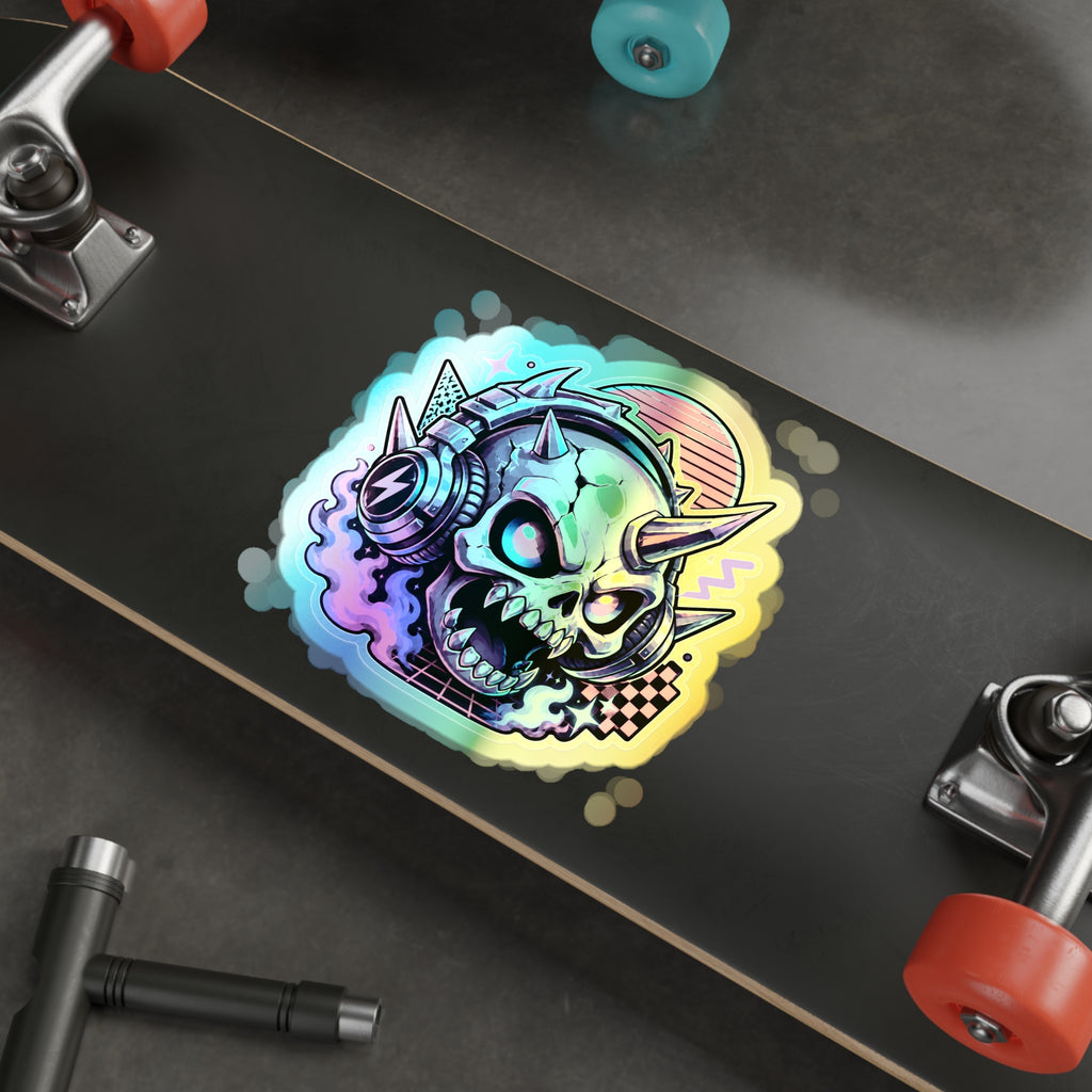 Neon Headphone Skull | Holographic Die-Cut Sticker