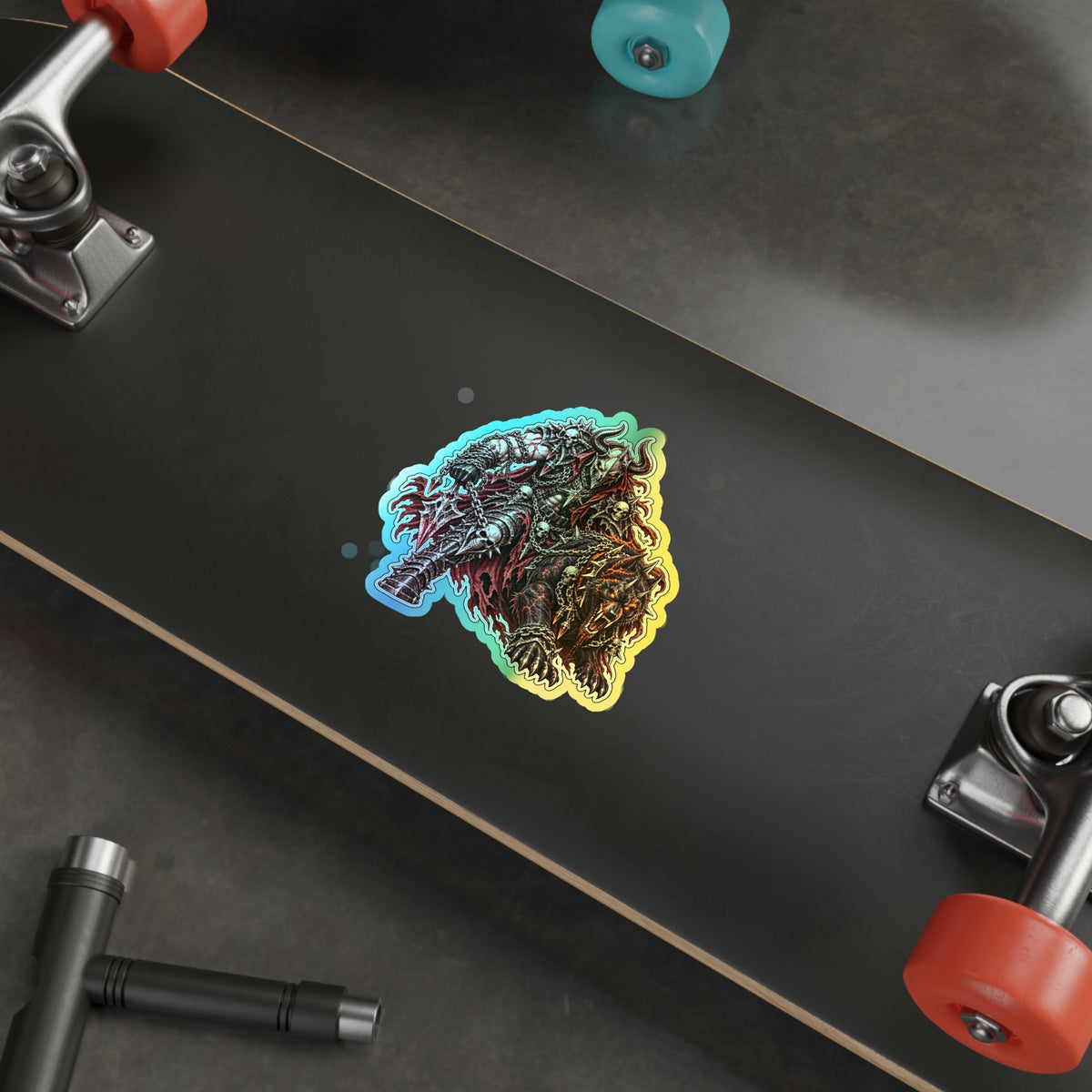 Holographic Demon Warrior Die-Cut Sticker — Shiny Metal Fantasy Skull Design for Skateboards & Laptops