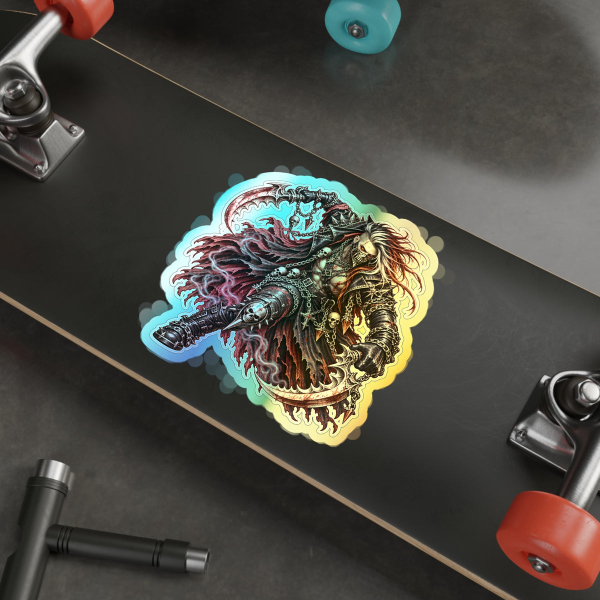 Holographic Reaper Die-Cut Sticker — Gothic Metal Skull Design