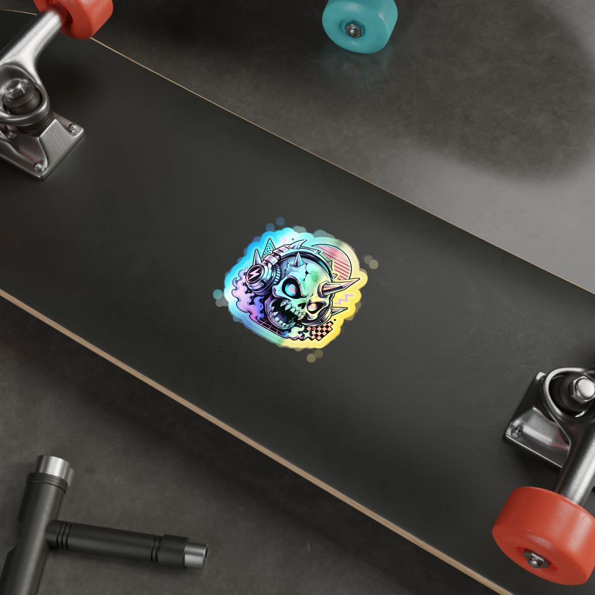 Neon Headphone Skull | Holographic Die-Cut Sticker