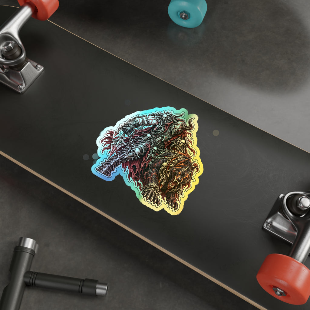 Holographic Demon Warrior Die-Cut Sticker — Shiny Metal Fantasy Skull Design for Skateboards & Laptops