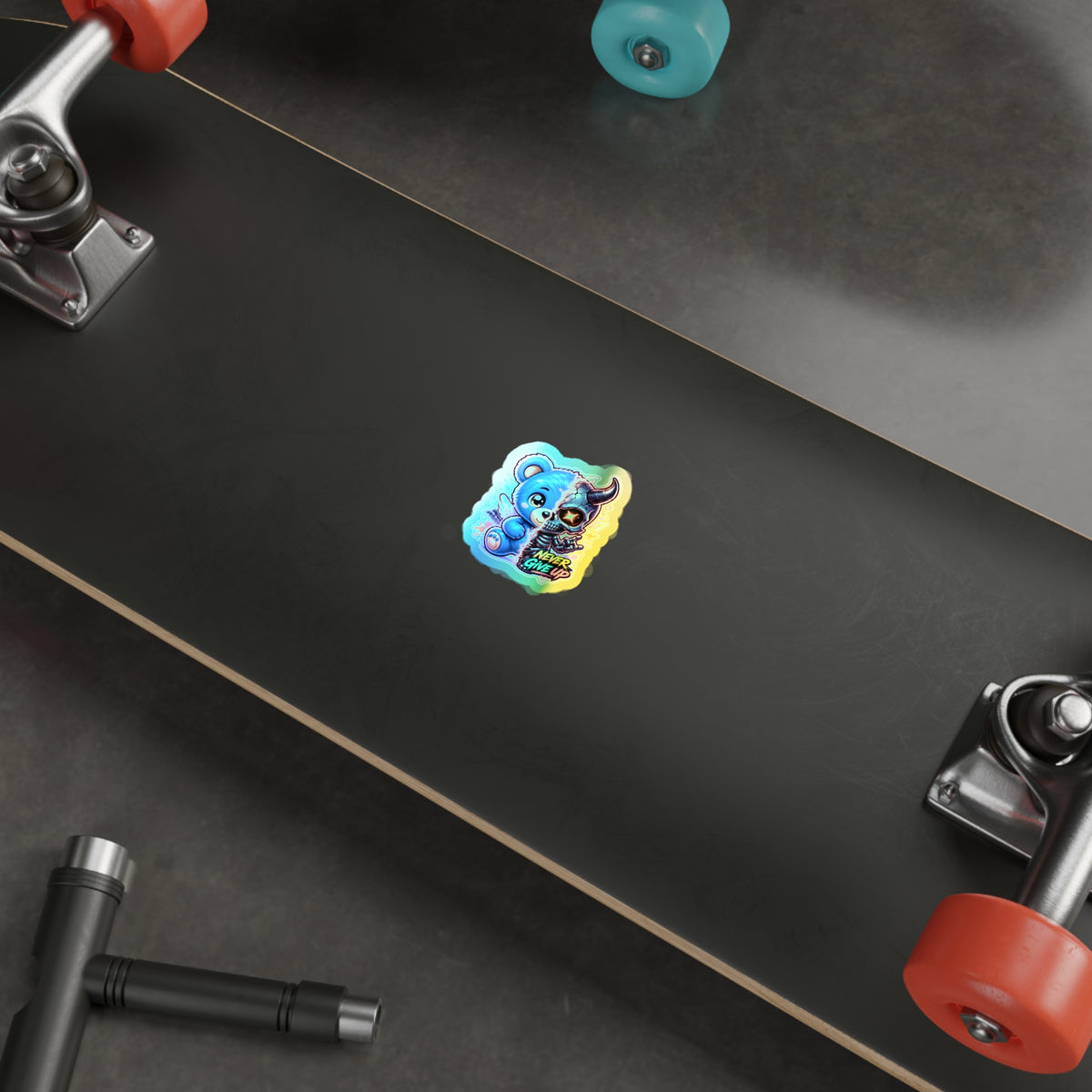 Never Give Up Skeleton Bear | Holographic Die-Cut Sticker