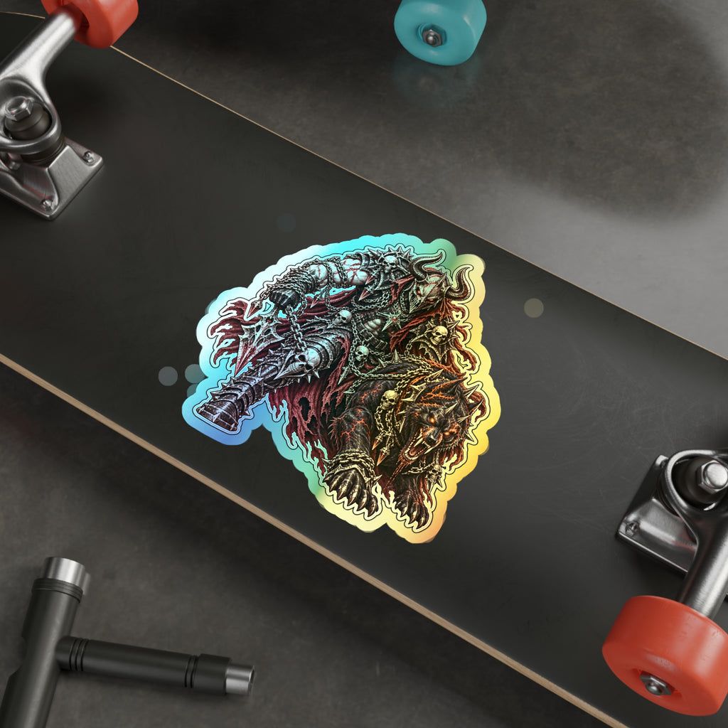 Holographic Demon Warrior Die-Cut Sticker — Shiny Metal Fantasy Skull Design for Skateboards & Laptops