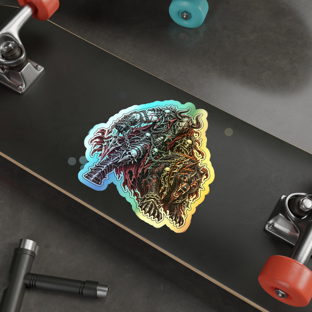 Holographic Demon Warrior Die-Cut Sticker — Shiny Metal Fantasy Skull Design for Skateboards & Laptops