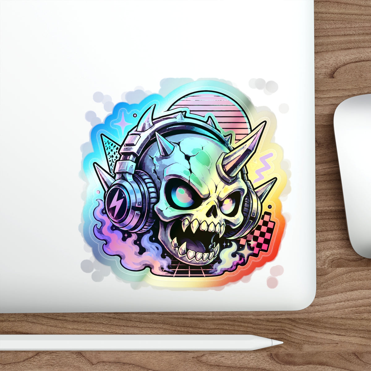 Neon Headphone Skull | Holographic Die-Cut Sticker