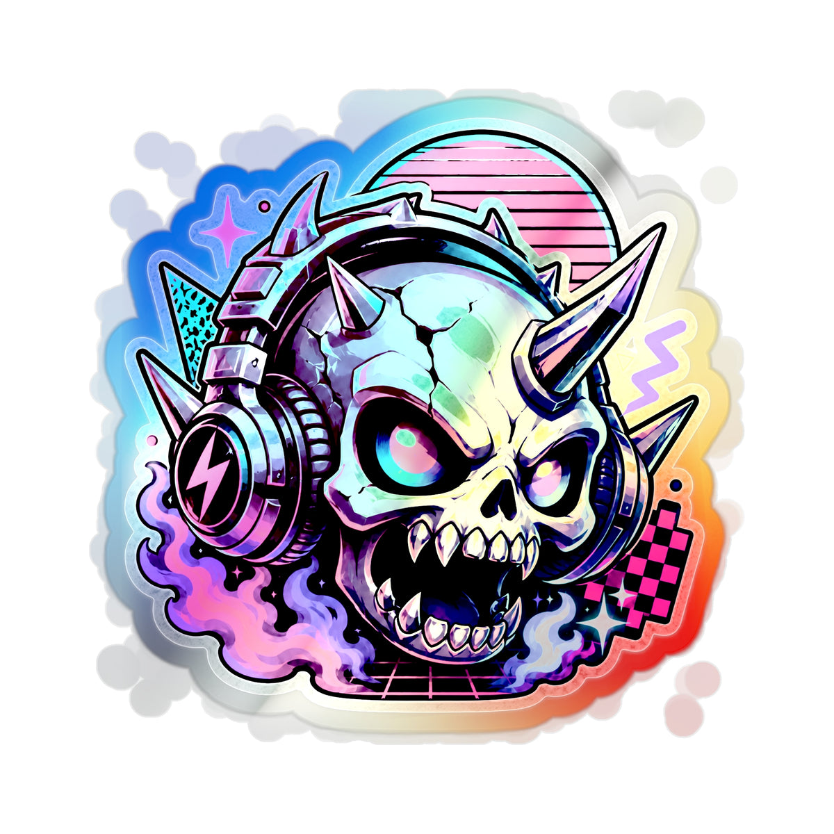 Neon Headphone Skull | Holographic Die-Cut Sticker
